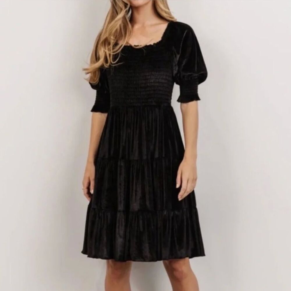 Baltic Born Bliss Smocked Velvet Short Dress Large Black Tiered Boho Whimsigoth
